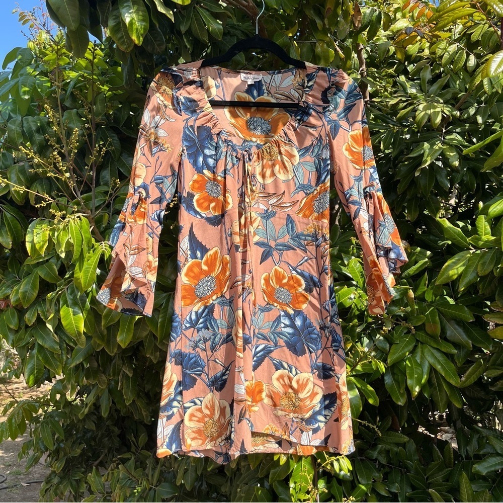 For Love & Lemons peach floral silk bell 3/4 sleeve mini‎ dress